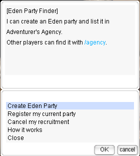 Eden Party Finder Menu